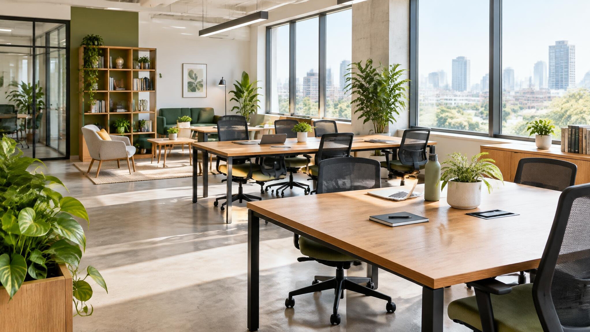 Bright coworking workspace with wooden desks